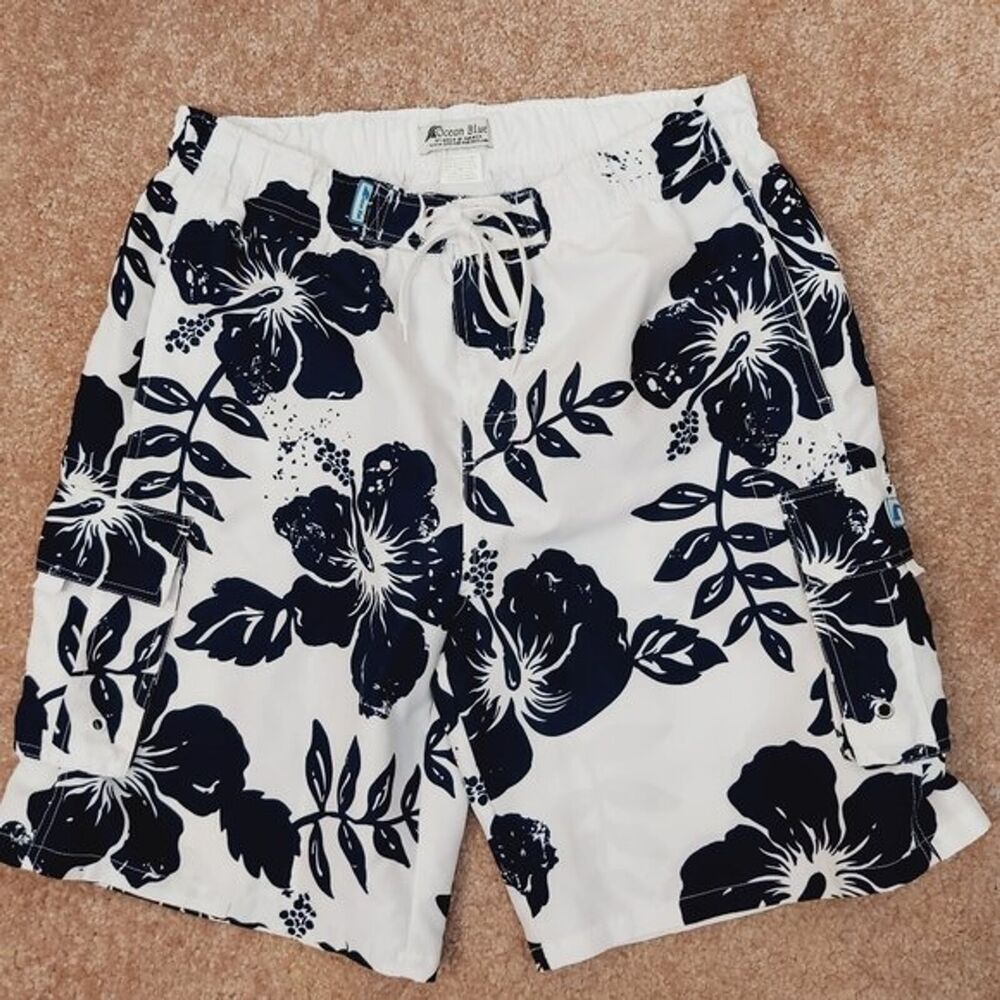 Men's Cargo Swim Trunks by Ocean Blue, White Navy Blue Floral LARGE Board Shorts